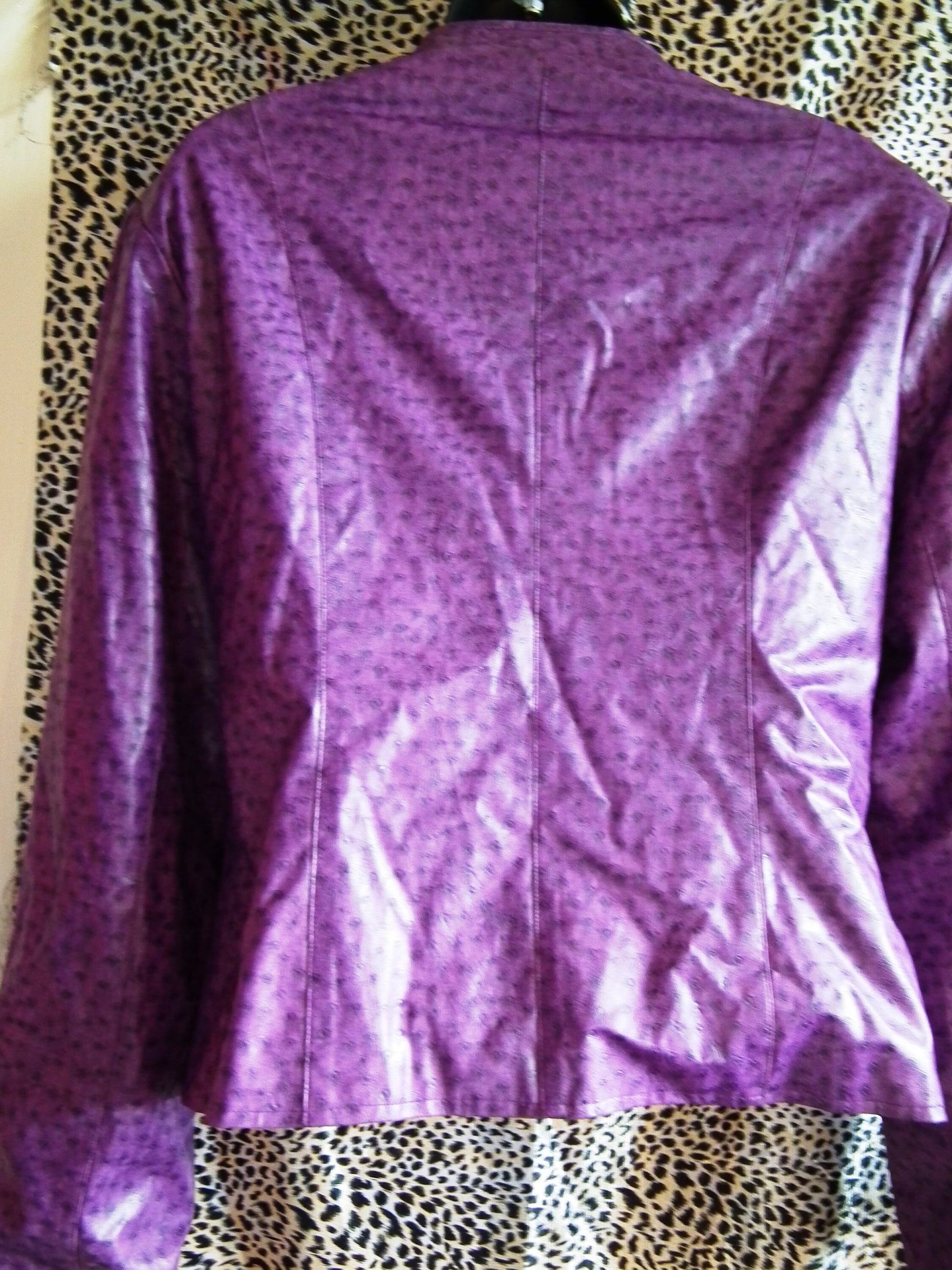 funky punky-faux leather biker style jacket-purple leopard spots, zip fastening.chest 38"/size 12 Etsy