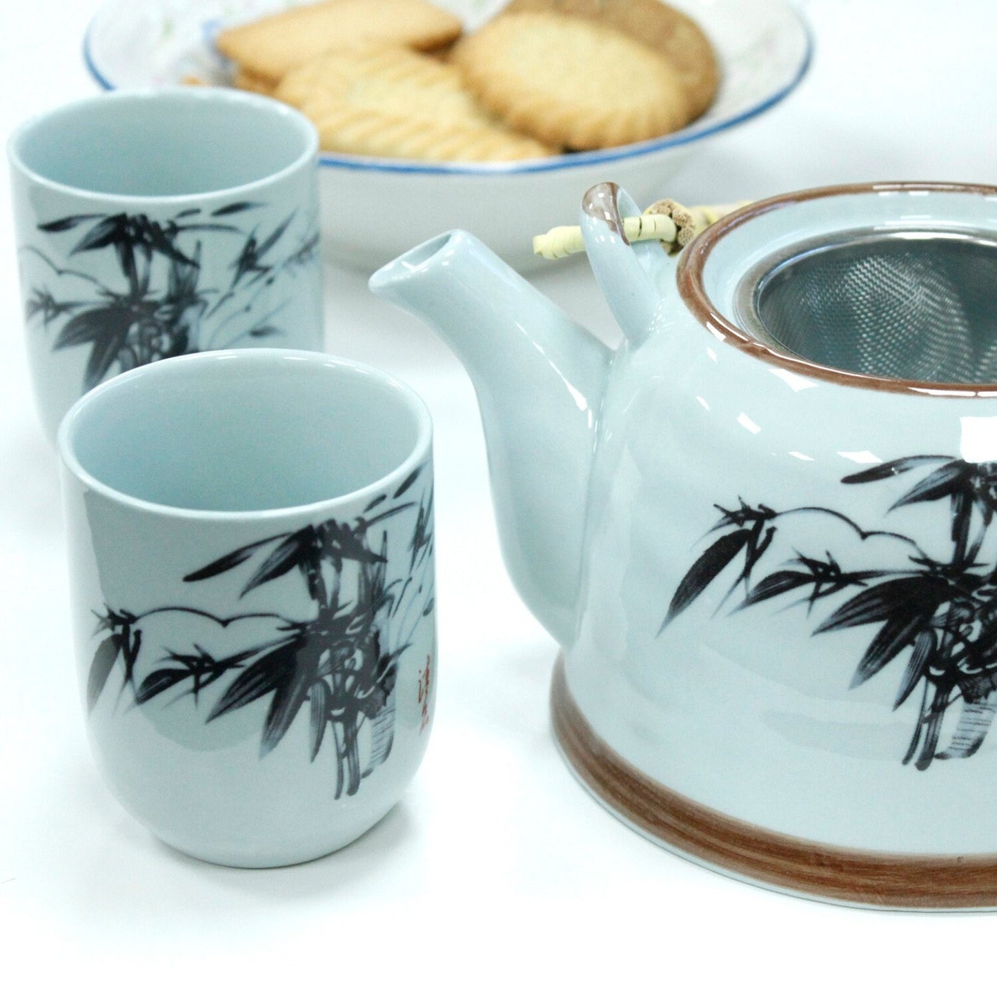 Ceramic Herbal Teapot Set - BLUE ORIENTAL with metal strainer in the lid and six matching cups. Etsy