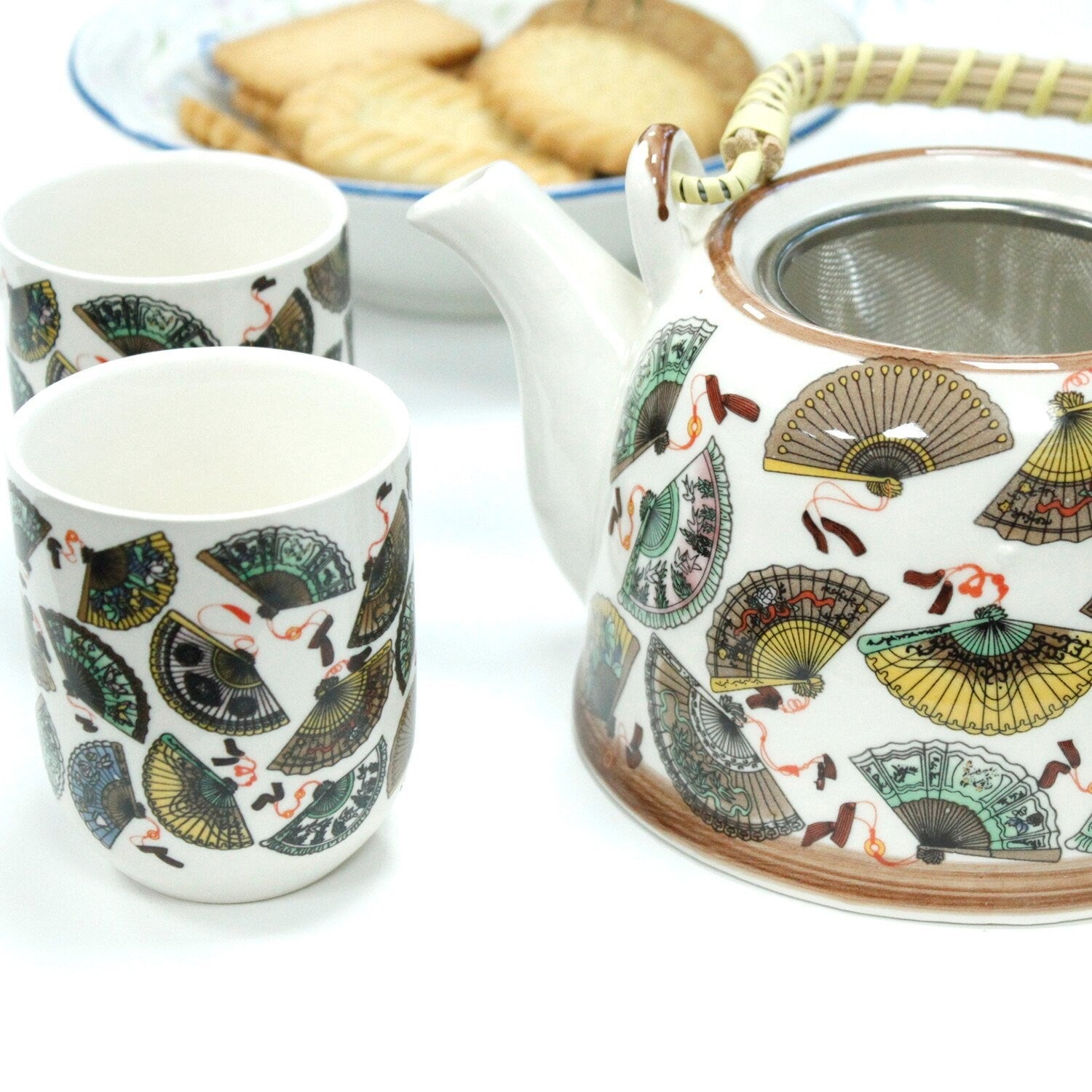 CeramicHerbal Teapot Set - FANS with metal strainer in the lid and six matching cups. Etsy