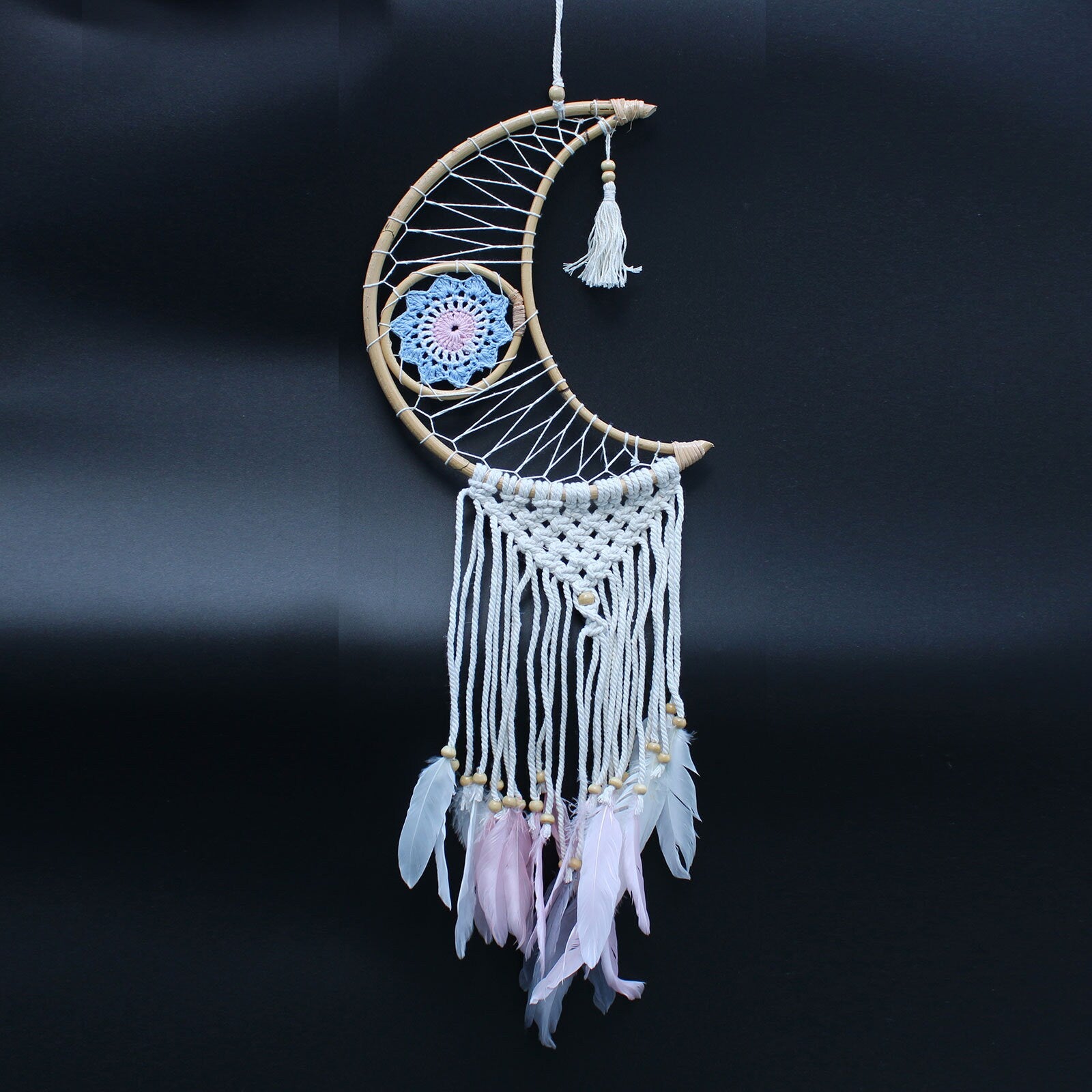 HANDMADE-Protection Dream Catcher-Sm Macrame MOON-21x1x21x68cm with feathers Etsy