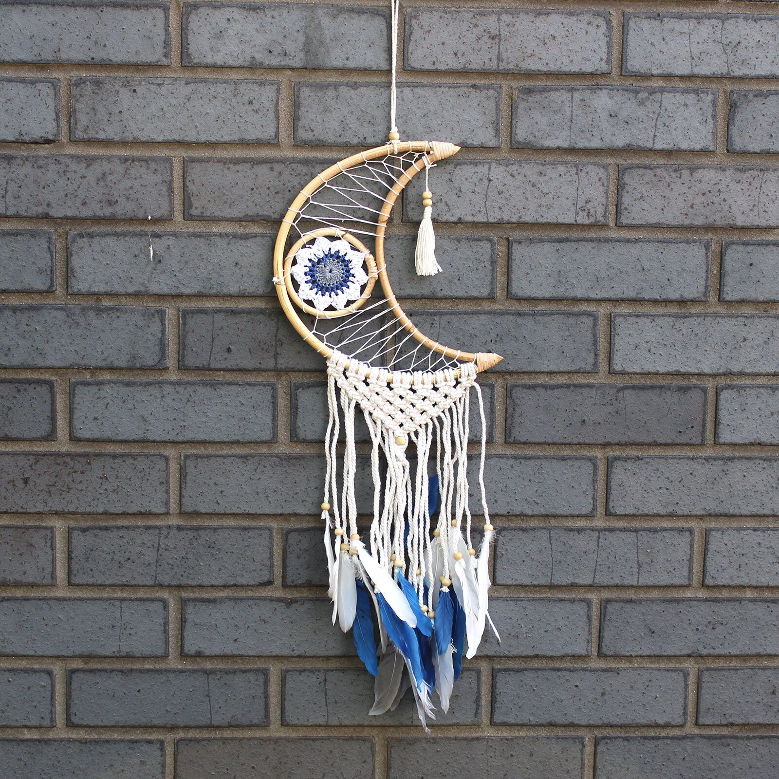 HANDMADE-Protection Dream Catcher-Sm Macrame MOON-21x1x21x68cm with feathers Etsy