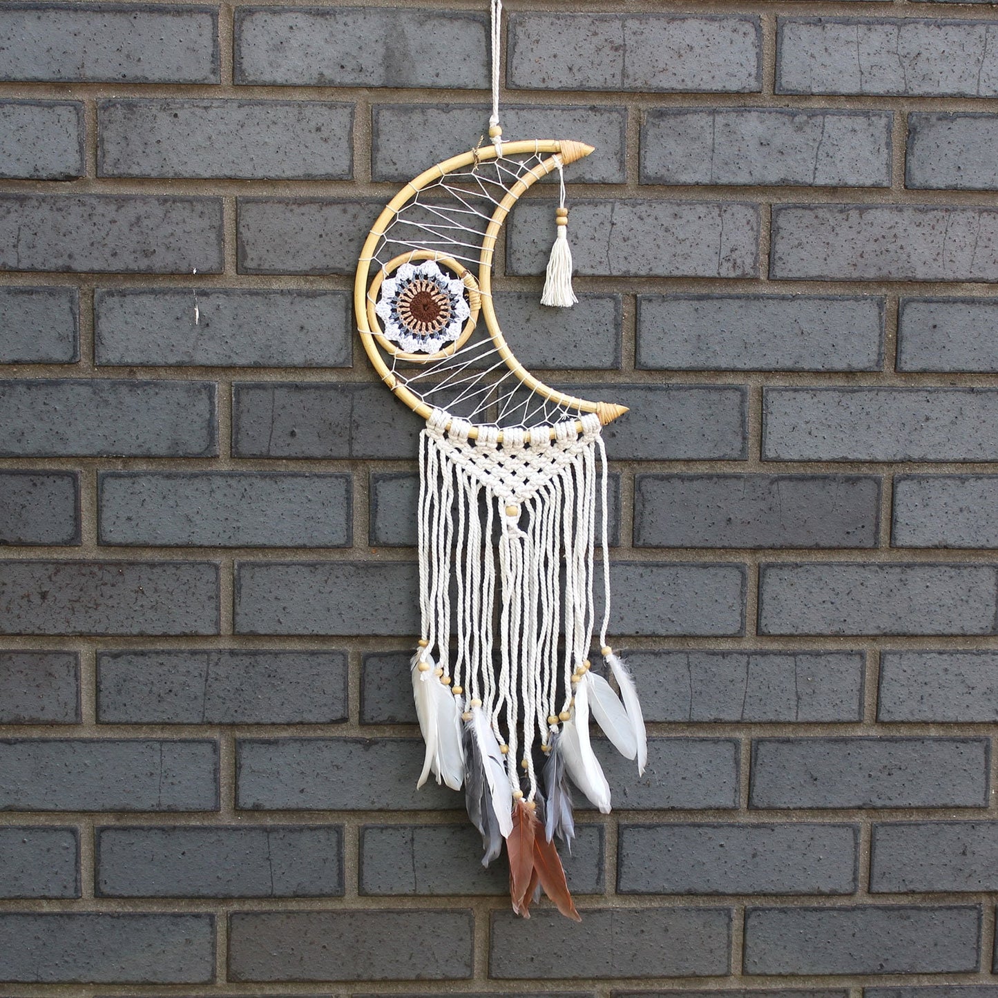 HANDMADE-Protection Dream Catcher-Sm Macrame MOON-21x1x21x68cm with feathers Etsy