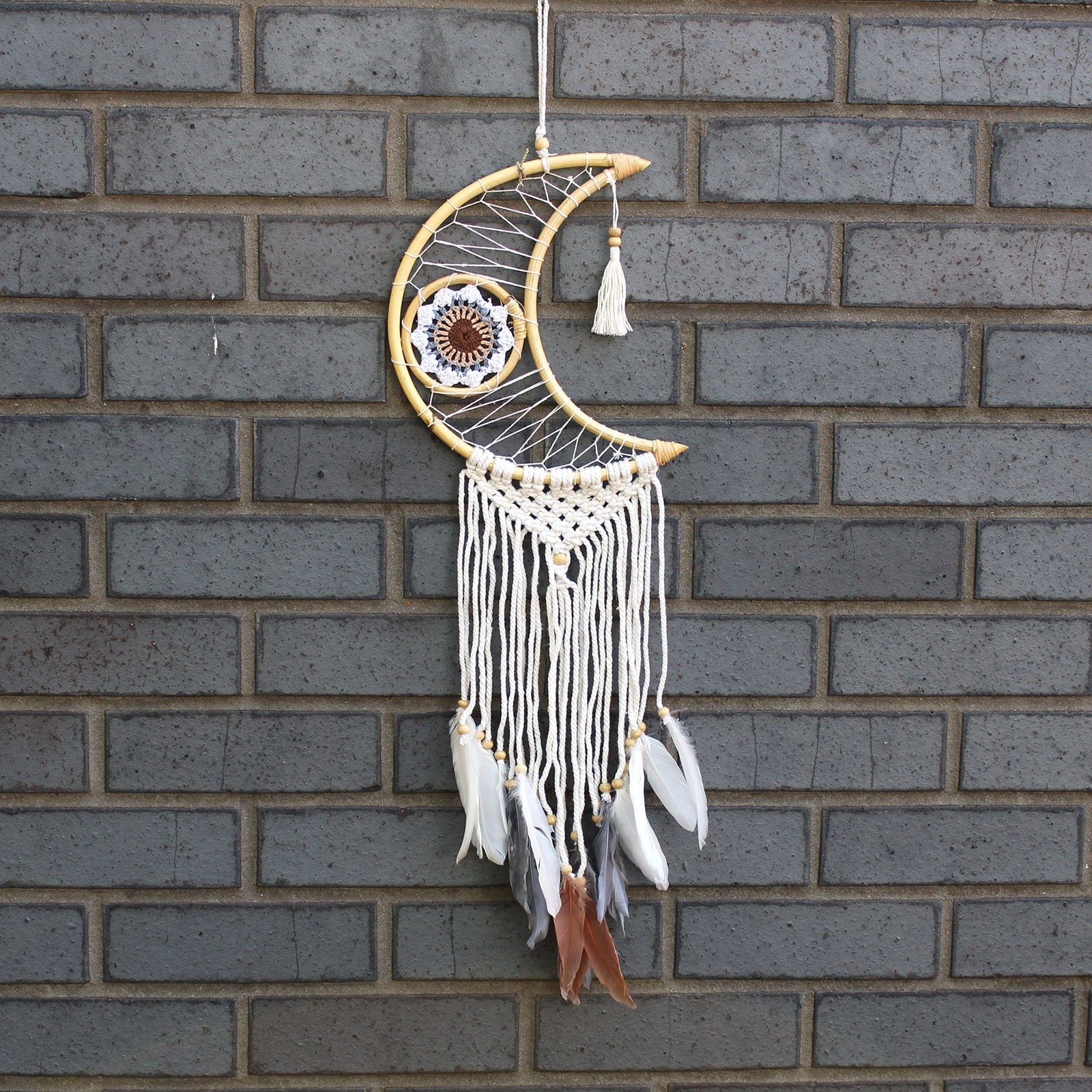 HANDMADE-Protection Dream Catcher-Sm Macrame MOON-21x1x21x68cm with feathers Etsy