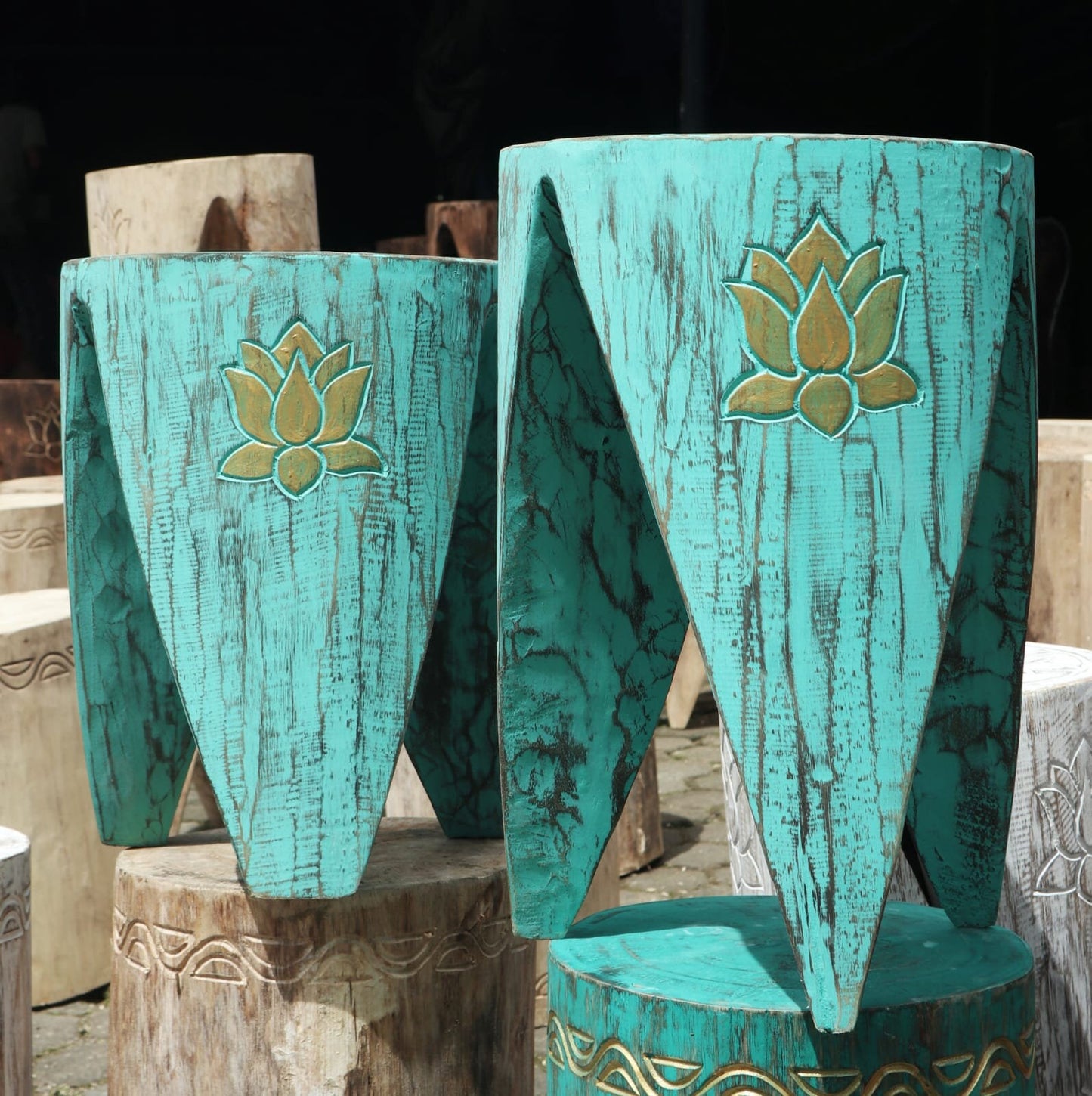 Hand-Made decorated Tribal Tables / Stools Alabasia wood. 30x30x40cm Turquoise Etsy