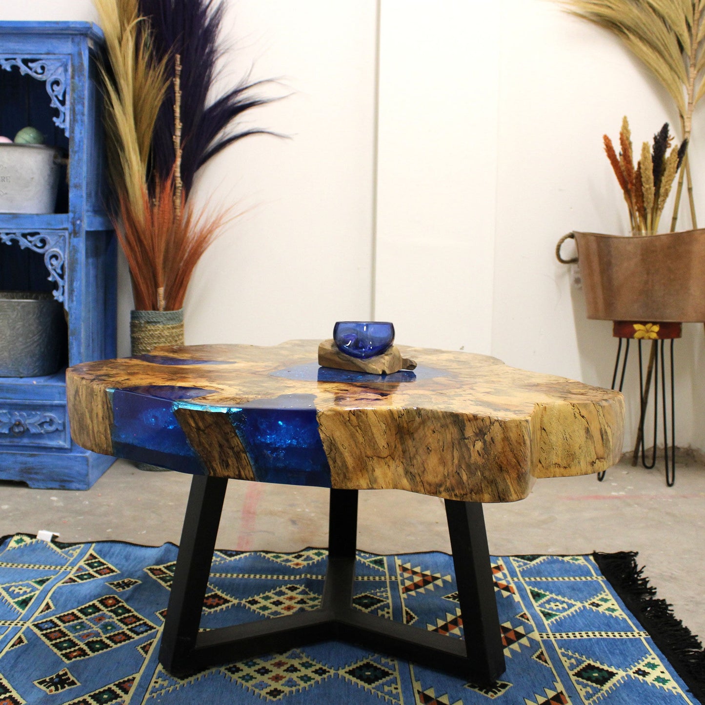 Tamarind wood and Resin Coffee Table-sky-blue hand-made, recycled, unique- 46x77 (cm) Etsy