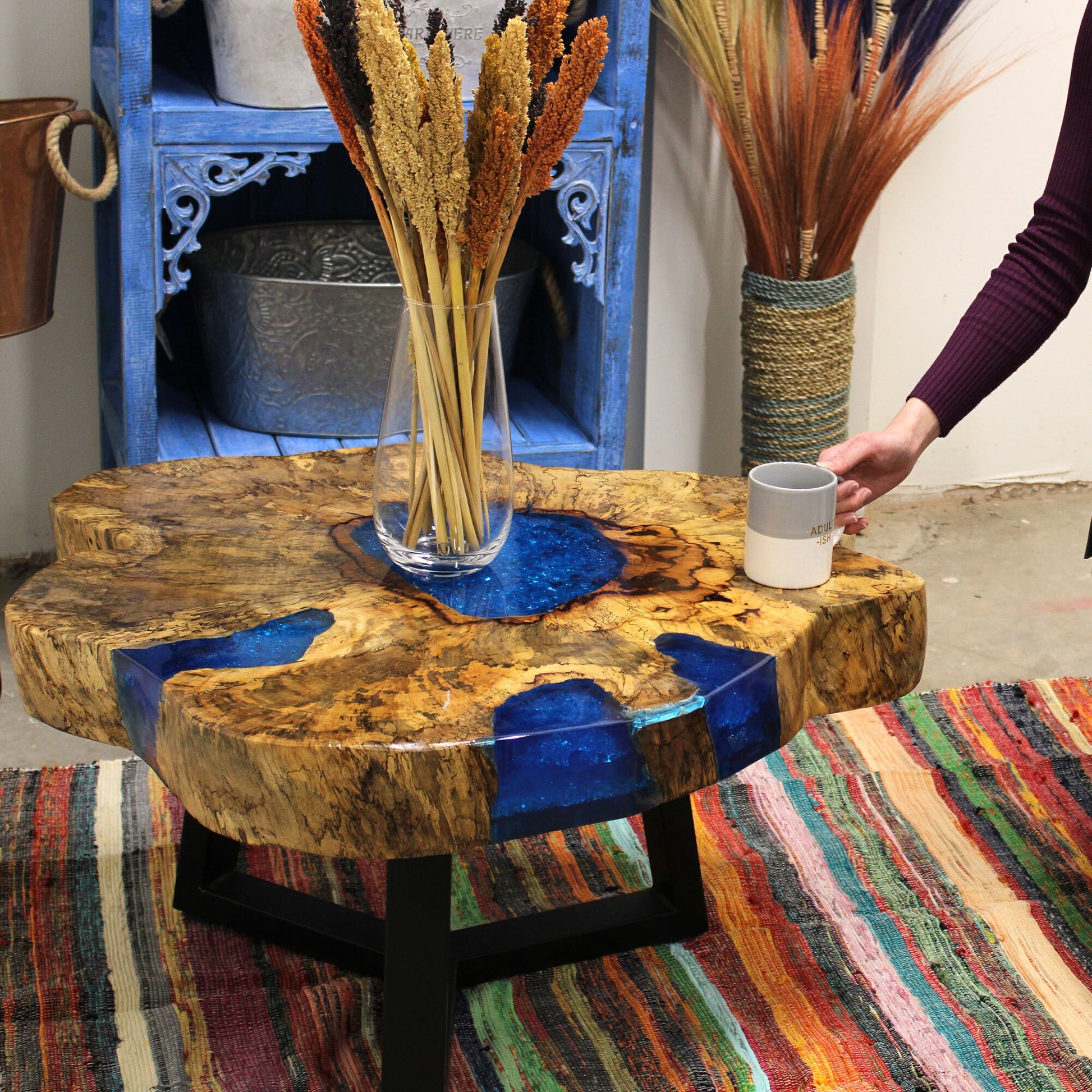 Tamarind wood and Resin Coffee Table-sky-blue hand-made, recycled, unique- 46x77 (cm) Etsy