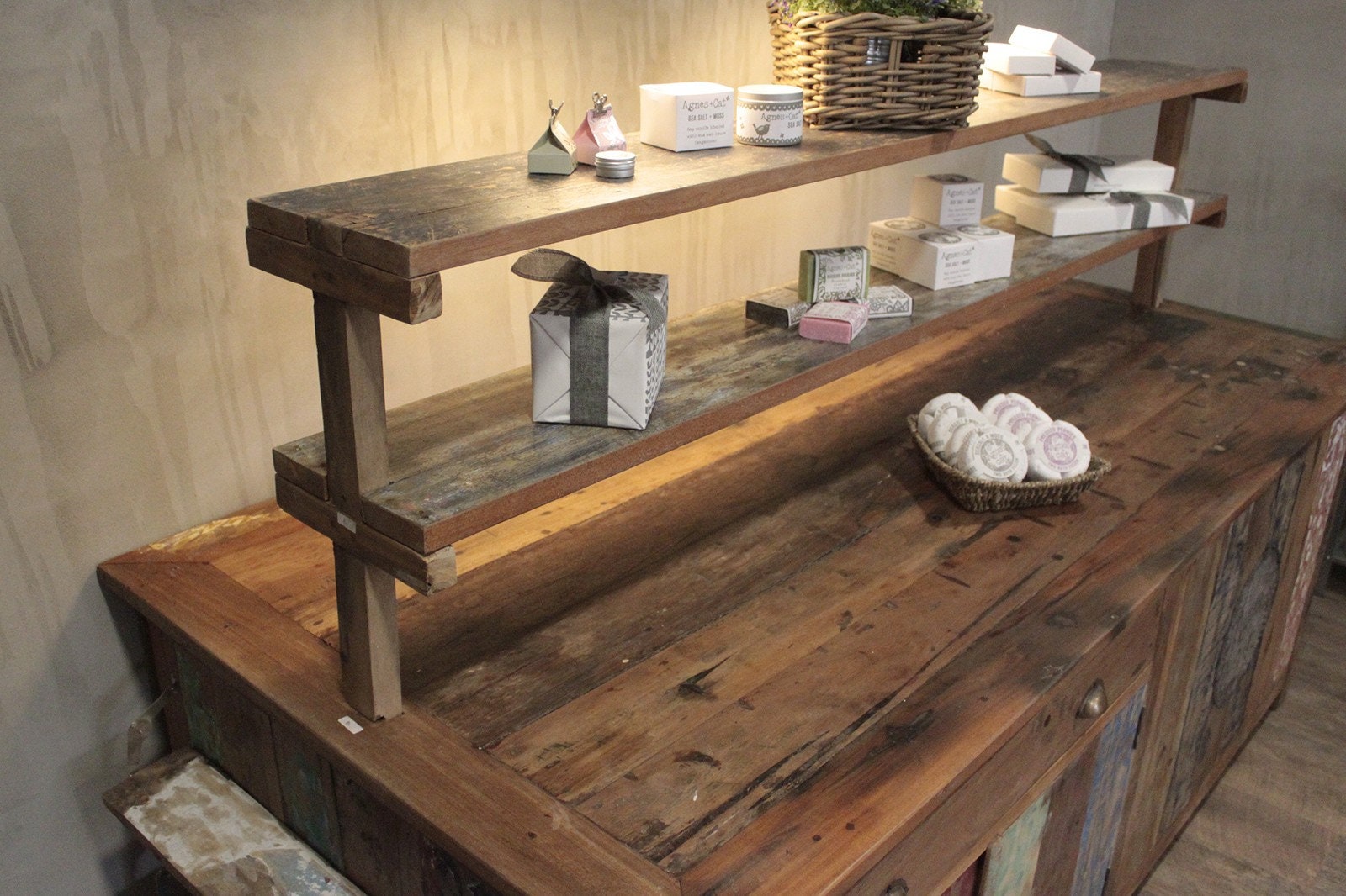 Recycled hand-made wooden Large Centre Display Table 207x97x80cm with drawers, pull down shelves Etsy