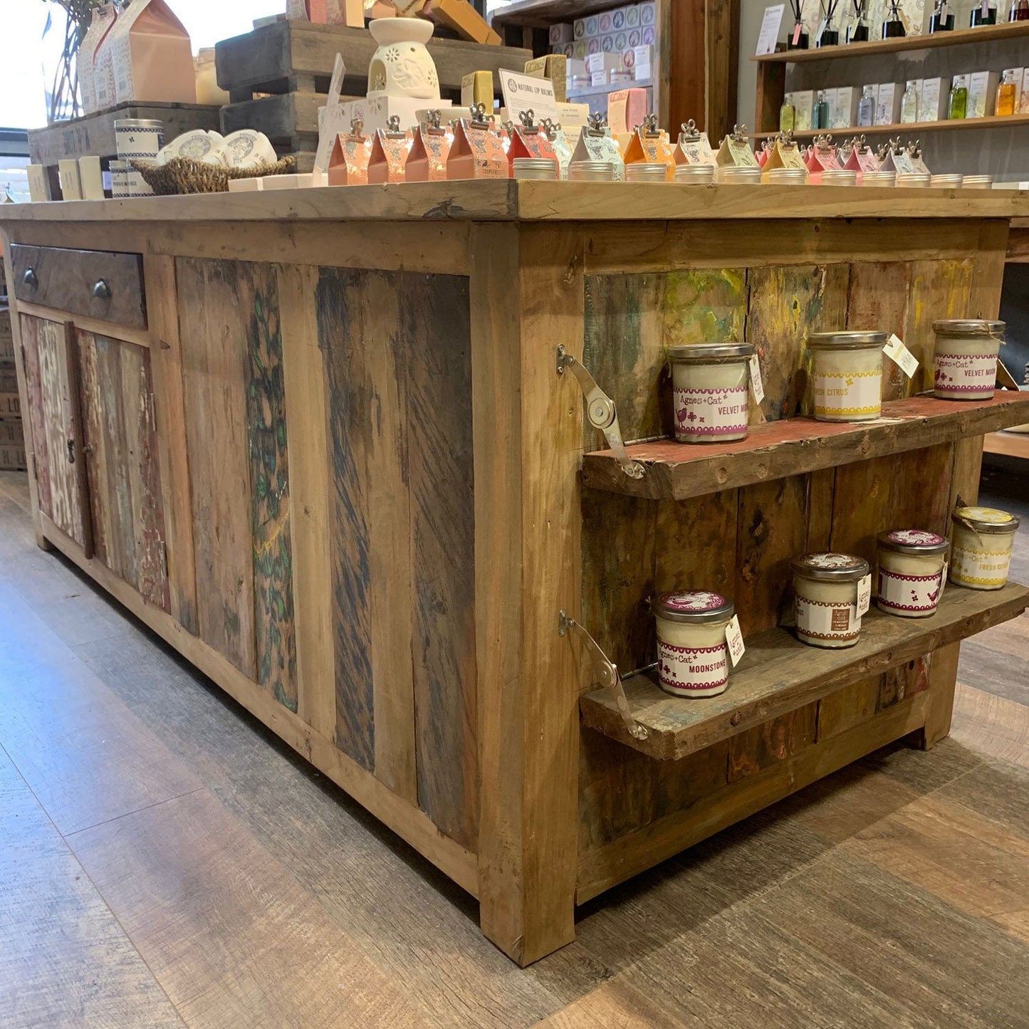 Recycled hand-made wooden Large Centre Display Table 207x97x80cm with drawers, pull down shelves Etsy