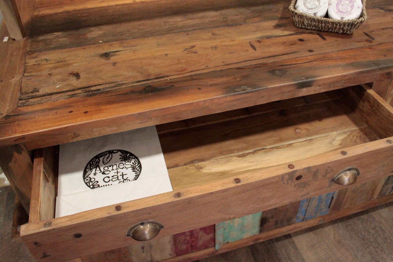 Recycled hand-made wooden Large Centre Display Table 207x97x80cm with drawers, pull down shelves Etsy