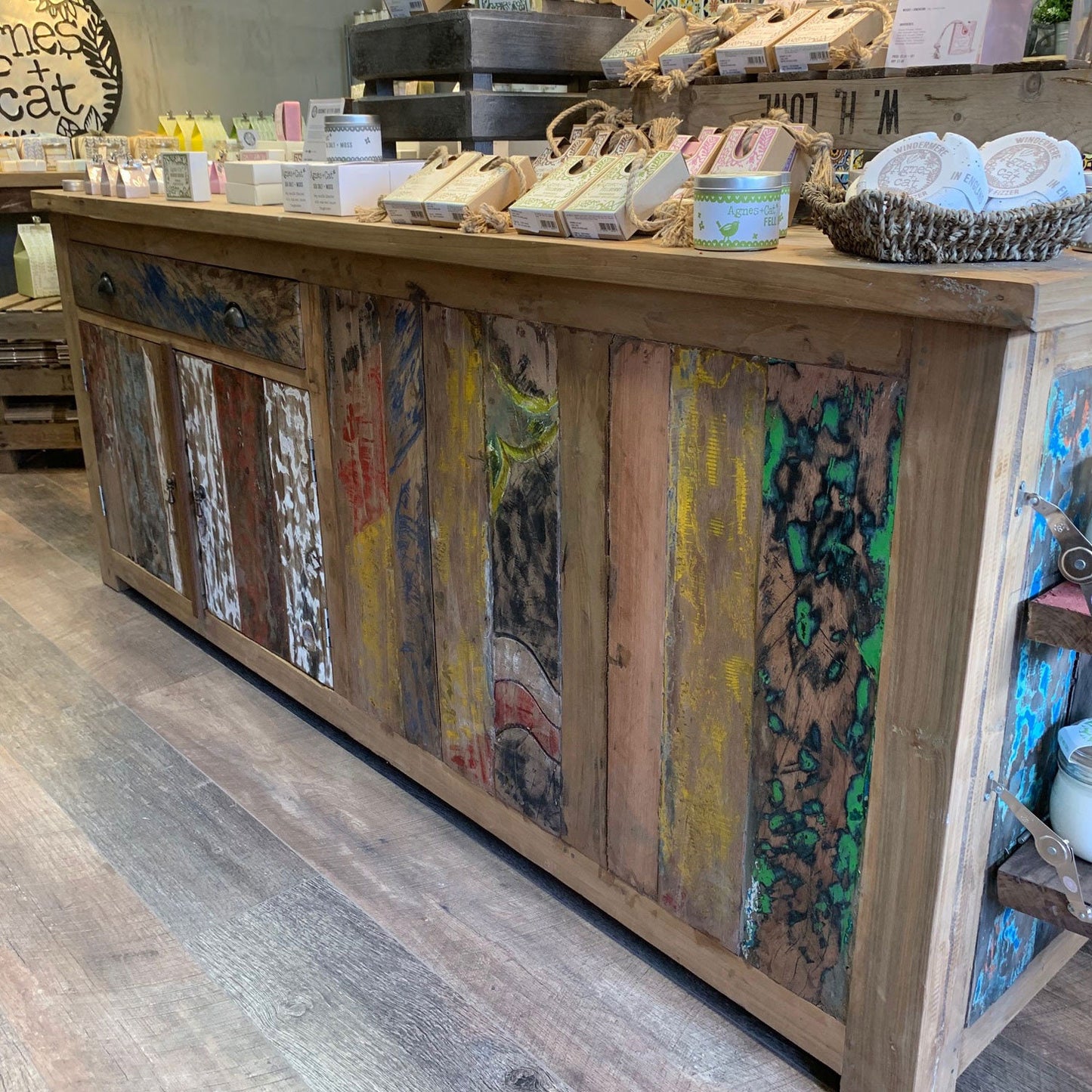 Recycled hand-made wooden Large Centre Display Table 207x97x80cm with drawers, pull down shelves Etsy