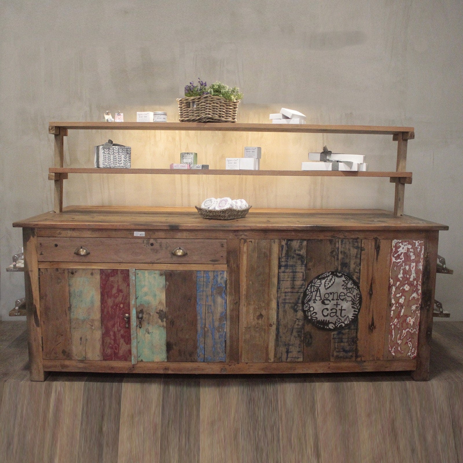 Recycled hand-made wooden Large Centre Display Table 207x97x80cm with drawers, pull down shelves Etsy