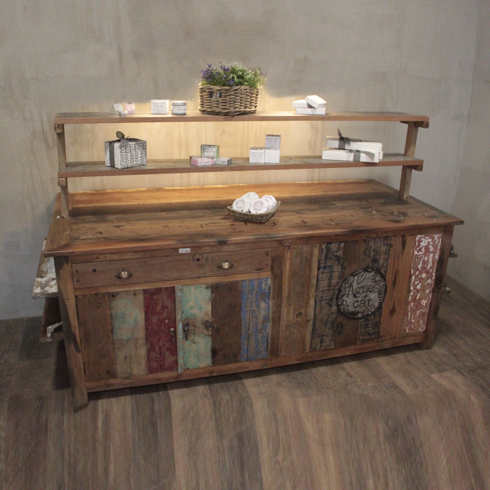 Recycled hand-made wooden Large Centre Display Table 207x97x80cm with drawers, pull down shelves Etsy