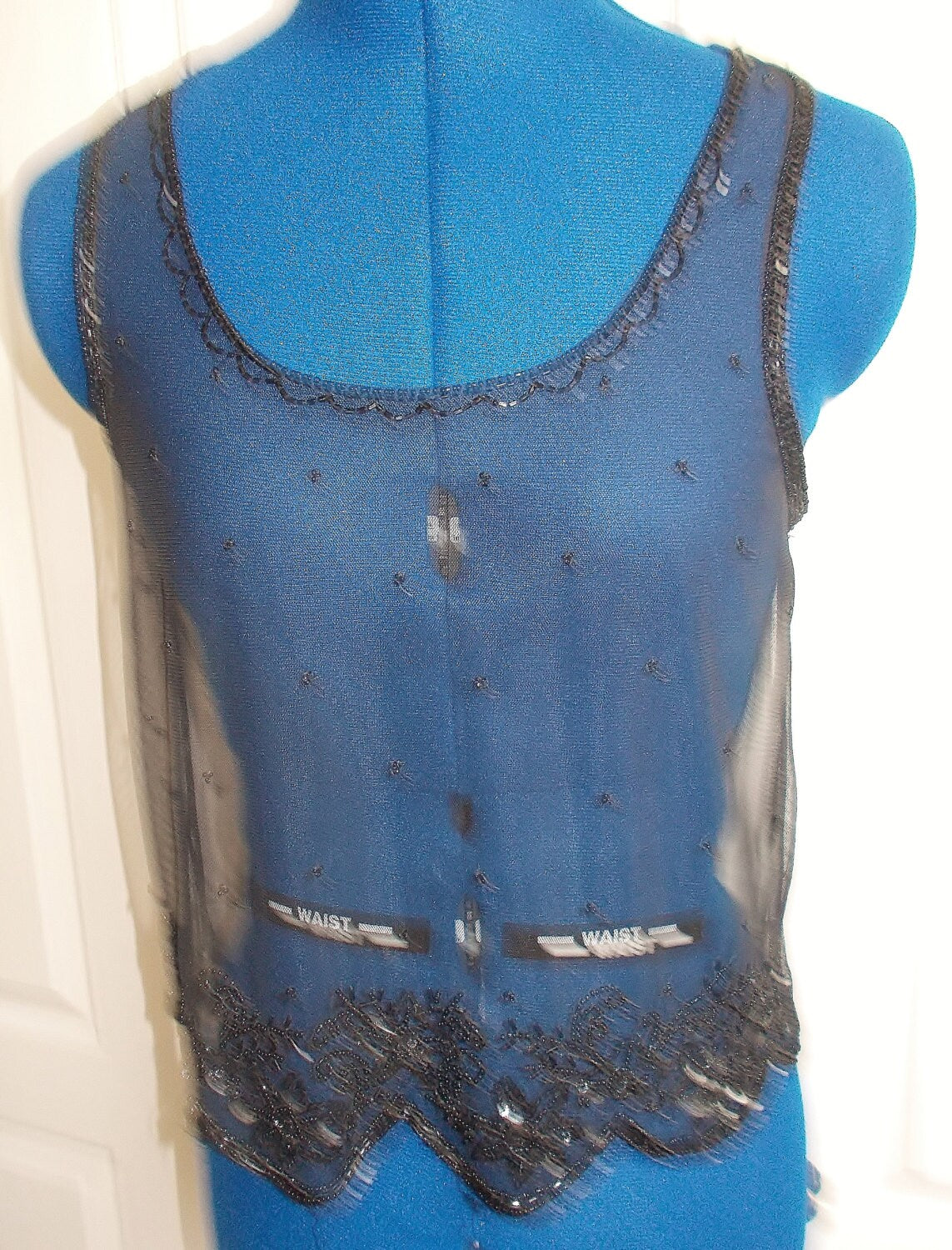 Stunning Vintage exquisite Black net/see through sleeveless vest top with finest bead-work and hand-embellishment. Etsy