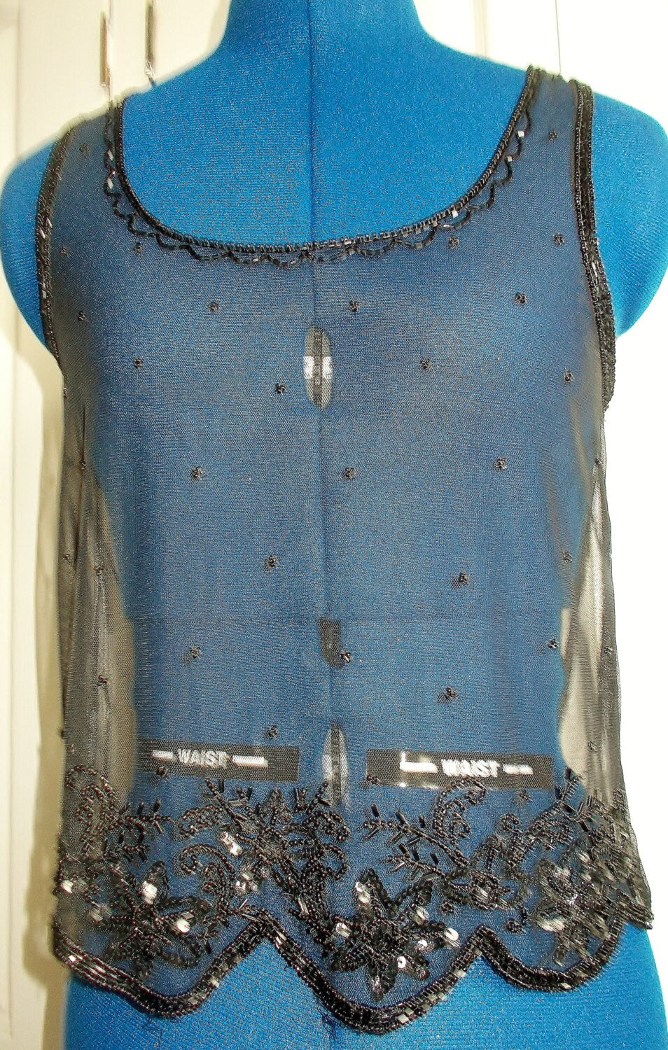 Stunning Vintage exquisite Black net/see through sleeveless vest top with finest bead-work and hand-embellishment. Etsy