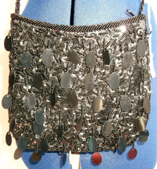 Vintage Glam- black satin occasion shoulder bag with intricate hand-crafted sequins and beadwork, lined, over shoulder. Etsy