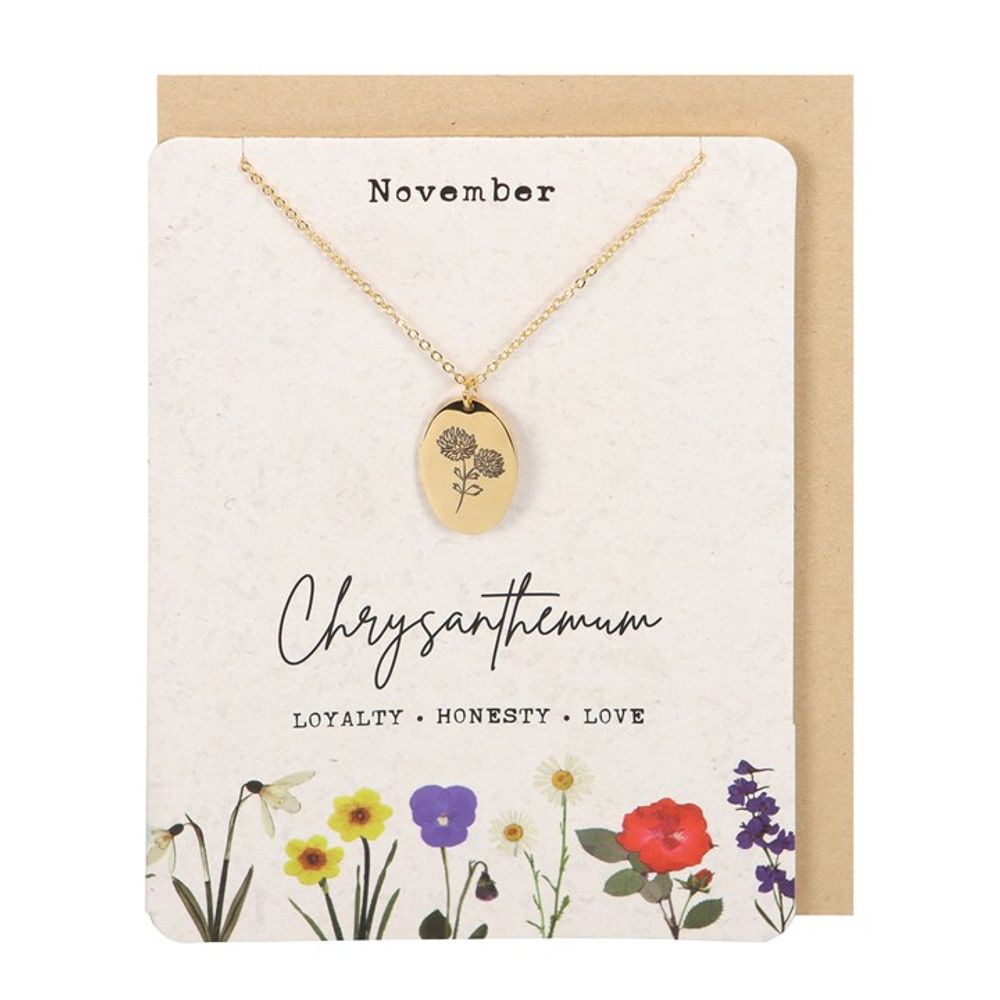 November Chrysanthemum Birth Flower Necklace Card N/A