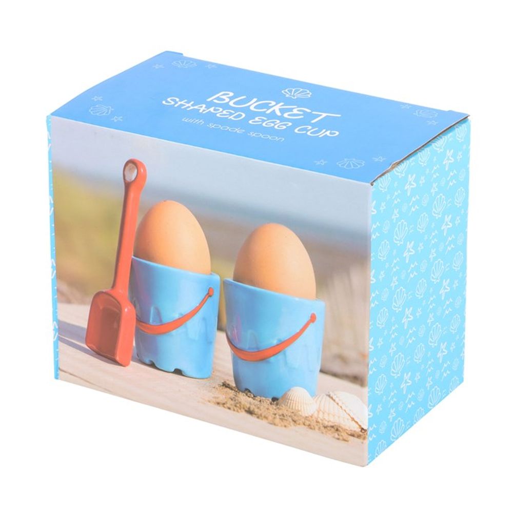 Set of 2 Bucket Shaped Ceramic Egg Cups with Spade Spoons N/A