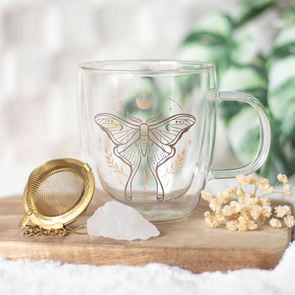 Luna Moth Double Walled Glass Mug with Crystal Tea Infuser N/A