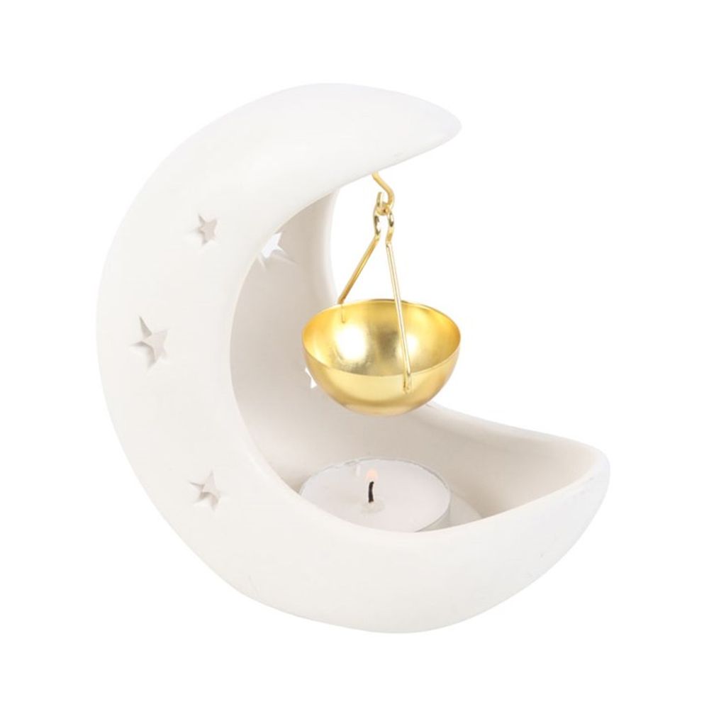 White Crescent Moon Hanging Oil Burner with Gold Dish N/A