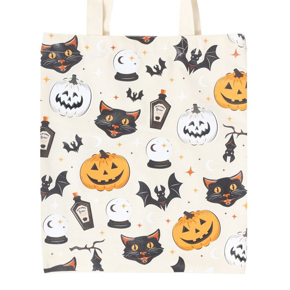 Spooky Cat and Pumpkin Print Polycotton Tote Bag N/A