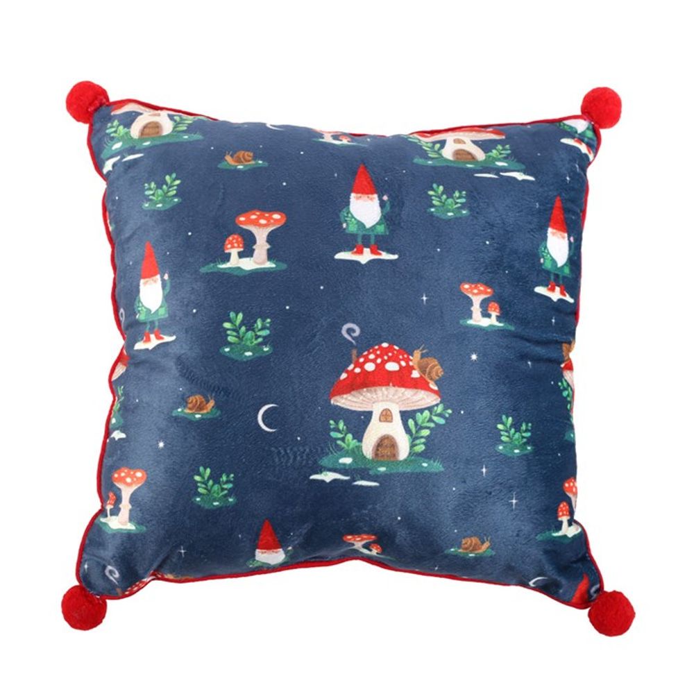 35cm Square Gnome Print Cushion with Pom Poms N/A