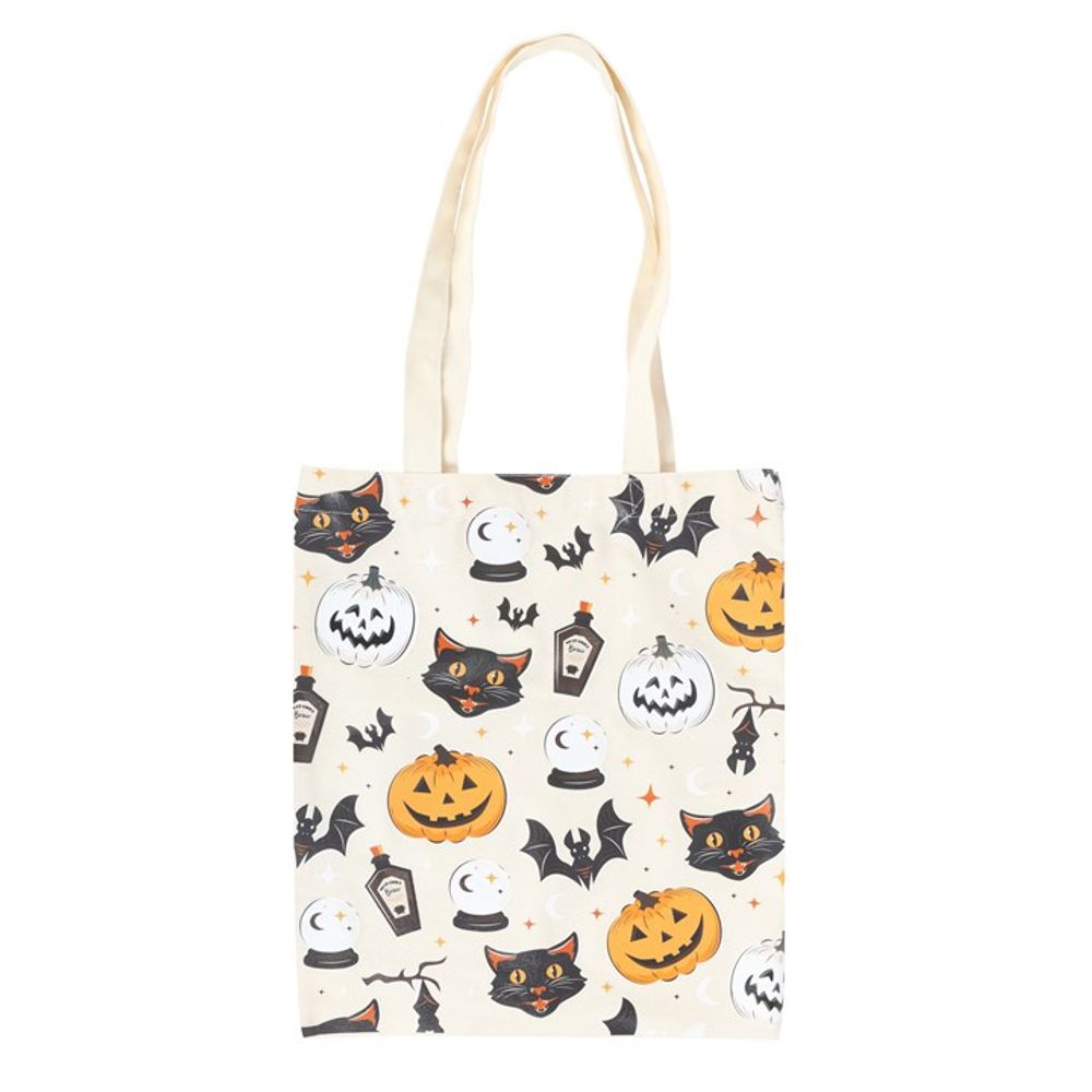 Spooky Cat and Pumpkin Print Polycotton Tote Bag N/A