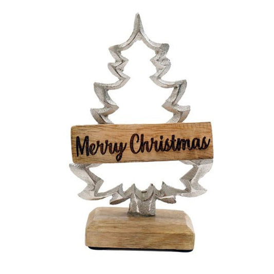 22cm Aluminium Christmas Tree on Wooden Base N/A