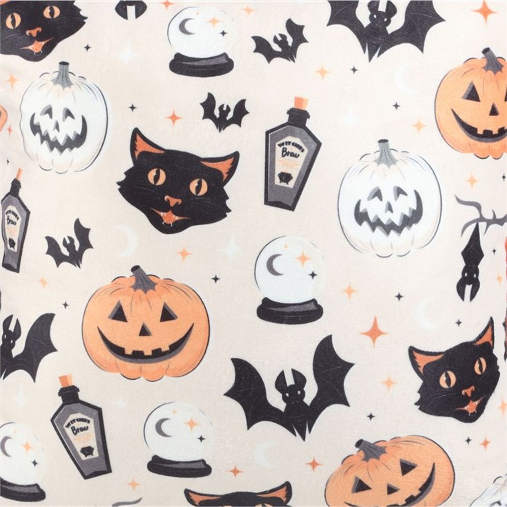 35cm Square Spooky Cat and Pumpkin Print Cushion N/A