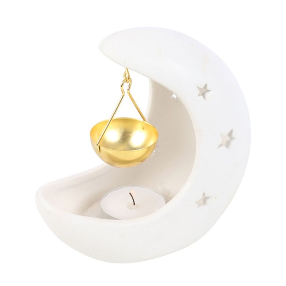 White Crescent Moon Hanging Oil Burner with Gold Dish N/A