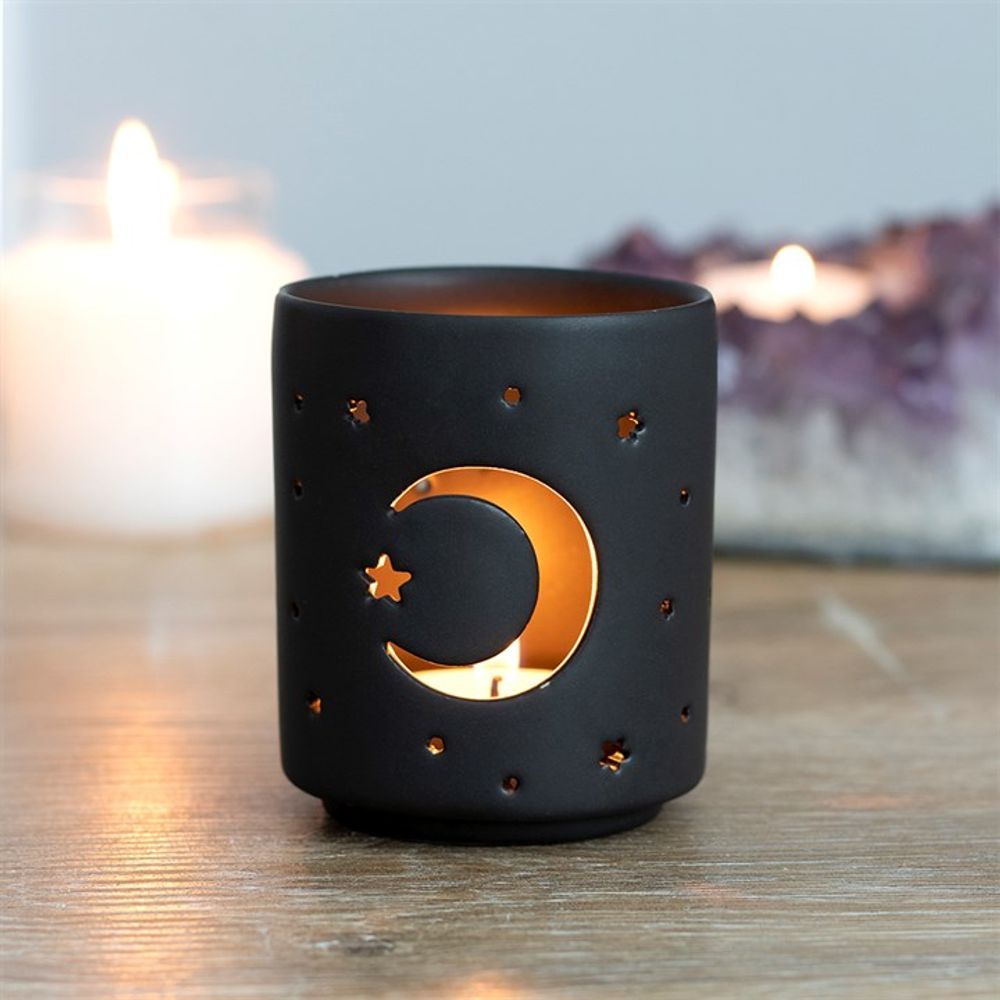 Small Black Mystical Moon Cut Out Tealight Holder N/A