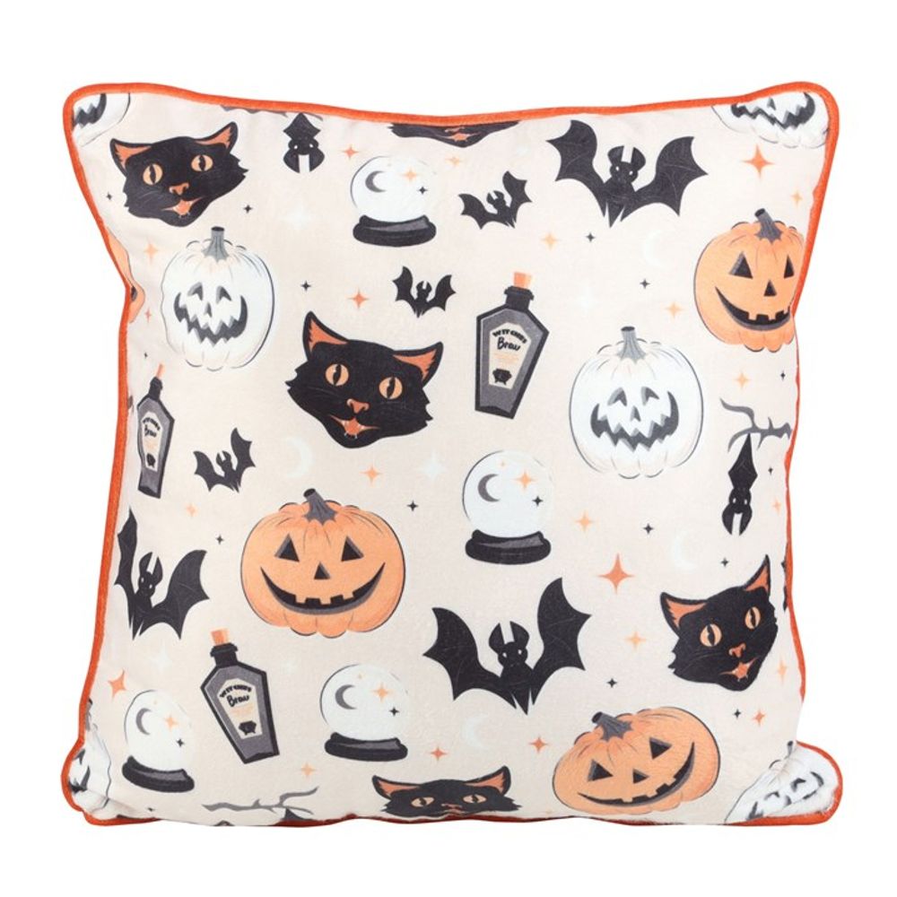 35cm Square Spooky Cat and Pumpkin Print Cushion N/A