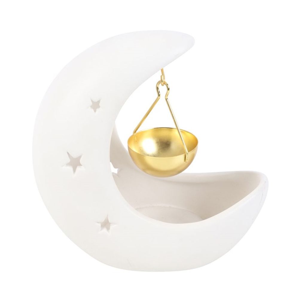 White Crescent Moon Hanging Oil Burner with Gold Dish N/A