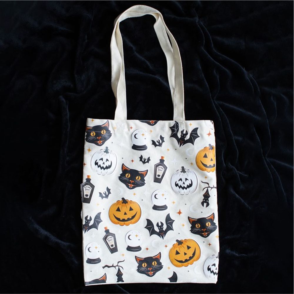 Spooky Cat and Pumpkin Print Polycotton Tote Bag N/A