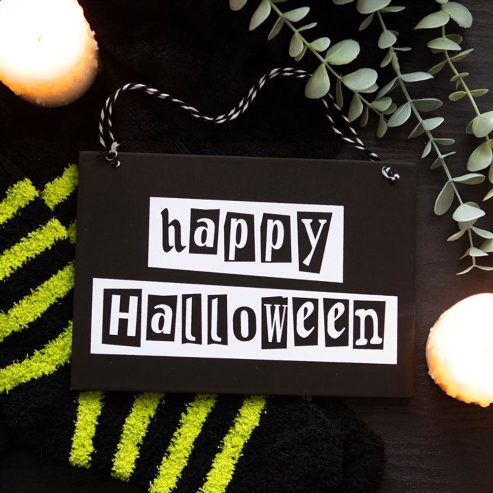 Black and White Happy Halloween Hanging Sign N/A