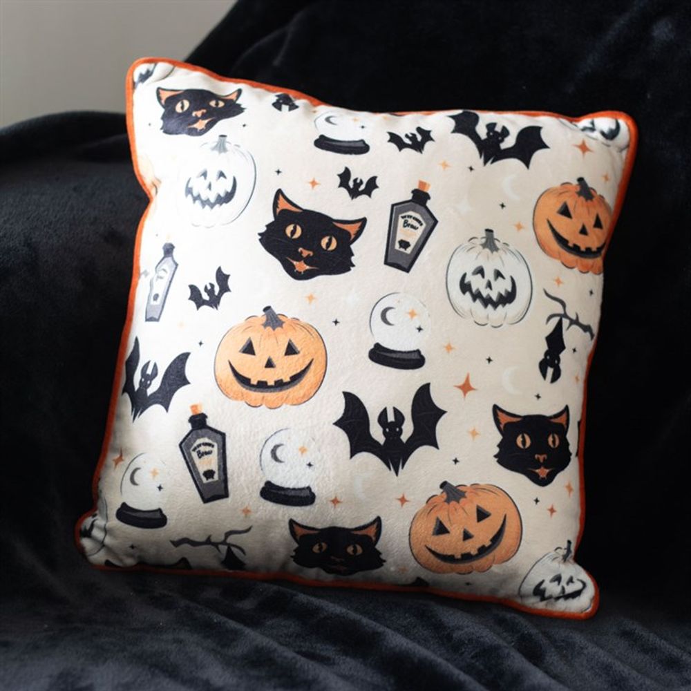 35cm Square Spooky Cat and Pumpkin Print Cushion N/A