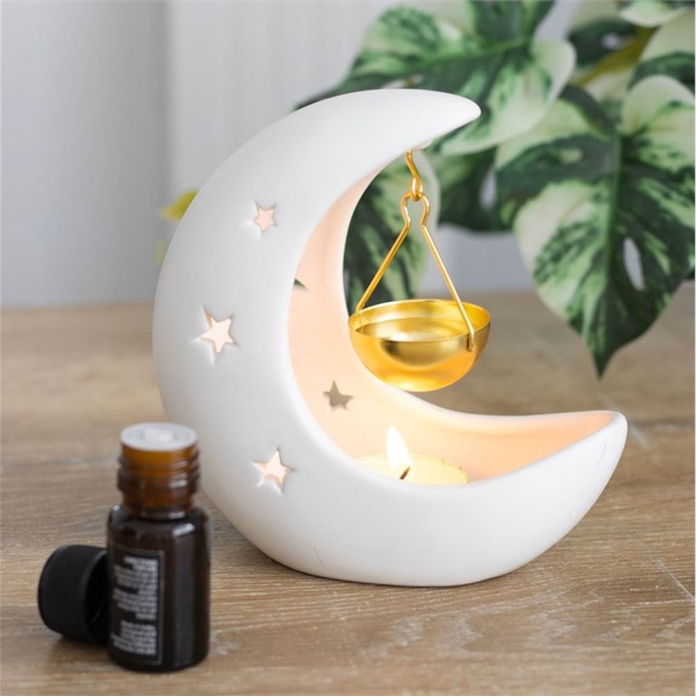 White Crescent Moon Hanging Oil Burner with Gold Dish N/A