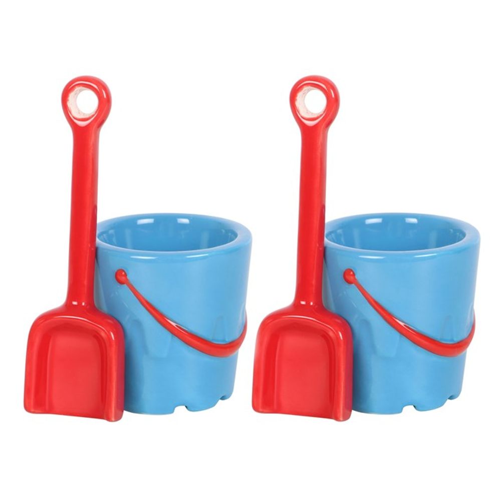 Set of 2 Bucket Shaped Ceramic Egg Cups with Spade Spoons N/A