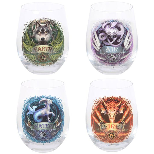 Set of 4 Elemental Stemless Wine Glasses by Anne Stokes N/A