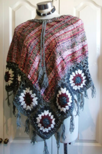 gorgeous hand-made woollen tassled poncho with loose ends-size medium Unbranded