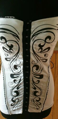 BLACK & WHITE JEWELLED BUSTIER TOP GOTHIC CLUBBING WEAR SIZE 10 stretchy fabric T.O.P.