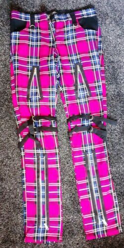 punk bondage trews.Pink Tartan Punk Trousers - Mercy Size Small.zips,straps, Pink Tartan