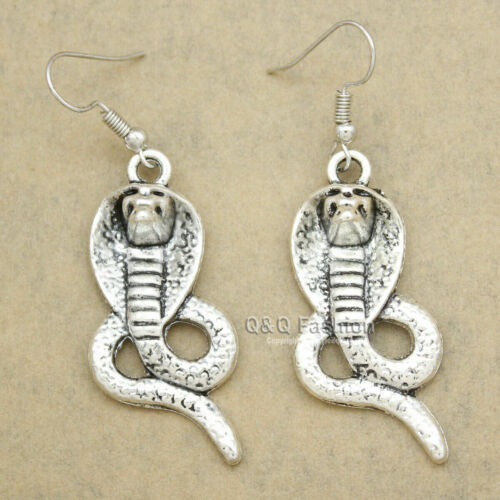 Egyptian Ancient Cleopatra Silver Cobra Snake Serpent Dangle Earrings BOHO/HIPPY Handmade