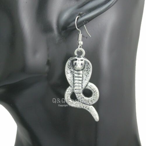 Egyptian Ancient Cleopatra Silver Cobra Snake Serpent Dangle Earrings BOHO/HIPPY Handmade