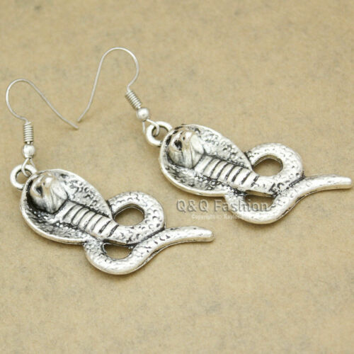 Egyptian Ancient Cleopatra Silver Cobra Snake Serpent Dangle Earrings BOHO/HIPPY Handmade