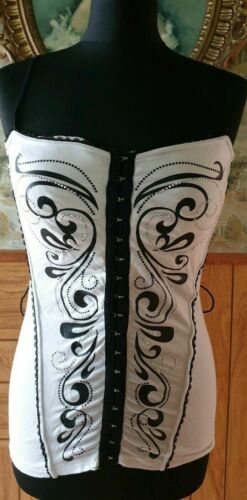 BLACK & WHITE JEWELLED BUSTIER TOP GOTHIC CLUBBING WEAR SIZE 10 stretchy fabric T.O.P.