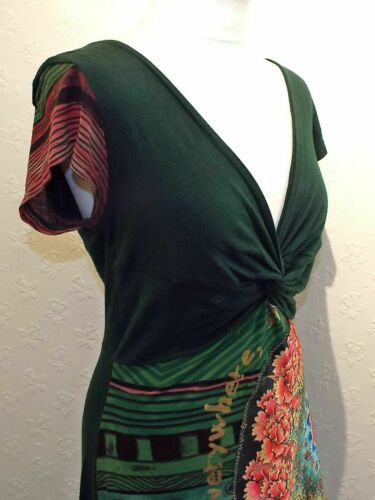 DESIGUAL - Dark Green Stretch Jersey/Gold Pink Graphics A-Line Dress sz 10 Desigual