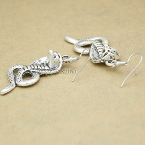 Egyptian Ancient Cleopatra Silver Cobra Snake Serpent Dangle Earrings BOHO/HIPPY Handmade