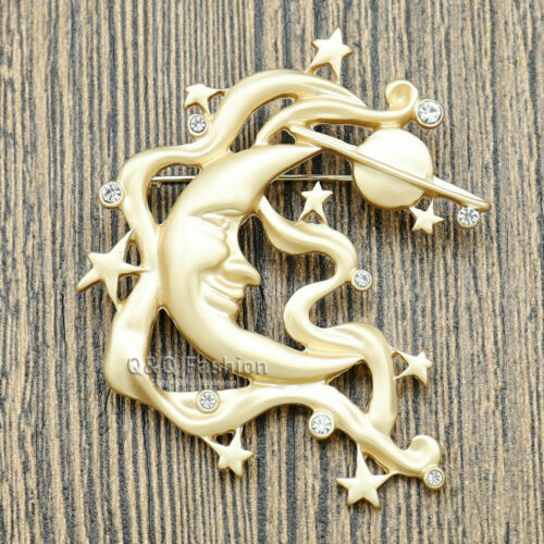 Fairy Gold Saturn Moon Star Planet Art Deco Hat Tie Tiara Lapel Scarf Pin Brooch Handmade