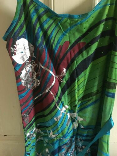 strappy Sun Dress Desigual 10/12,turquoise satin waist tie, hemline,beadwork Desigual