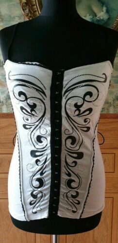 BLACK & WHITE JEWELLED BUSTIER TOP GOTHIC CLUBBING WEAR SIZE 10 stretchy fabric T.O.P.